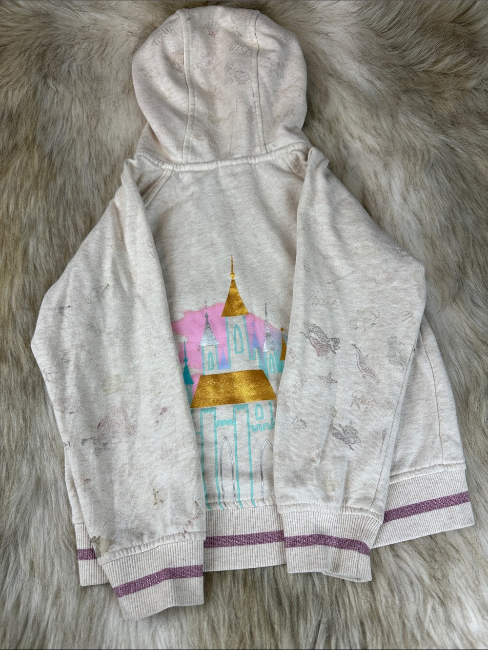 Disney Princess Girls Full Zip Hoodie Size 7 Pink Satin Hood Castle